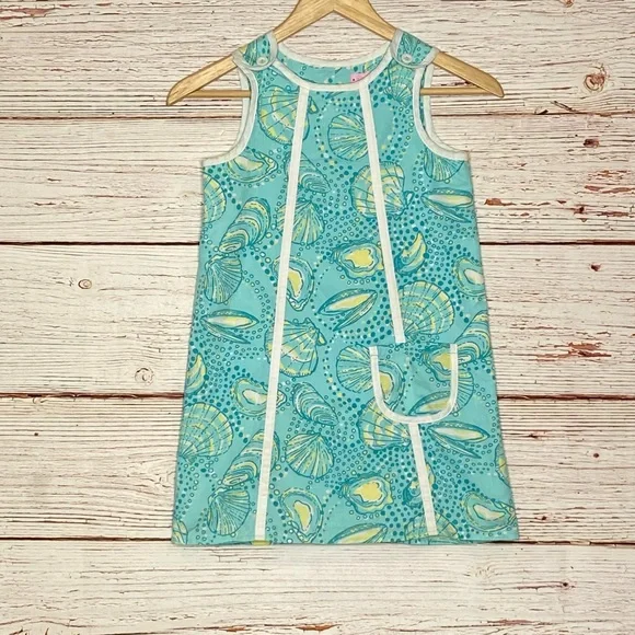 Lilly Pulitzer Little Lilly Jumper Shift Dress Teal Clam Print Sz 7 - Picture 3 of 12
